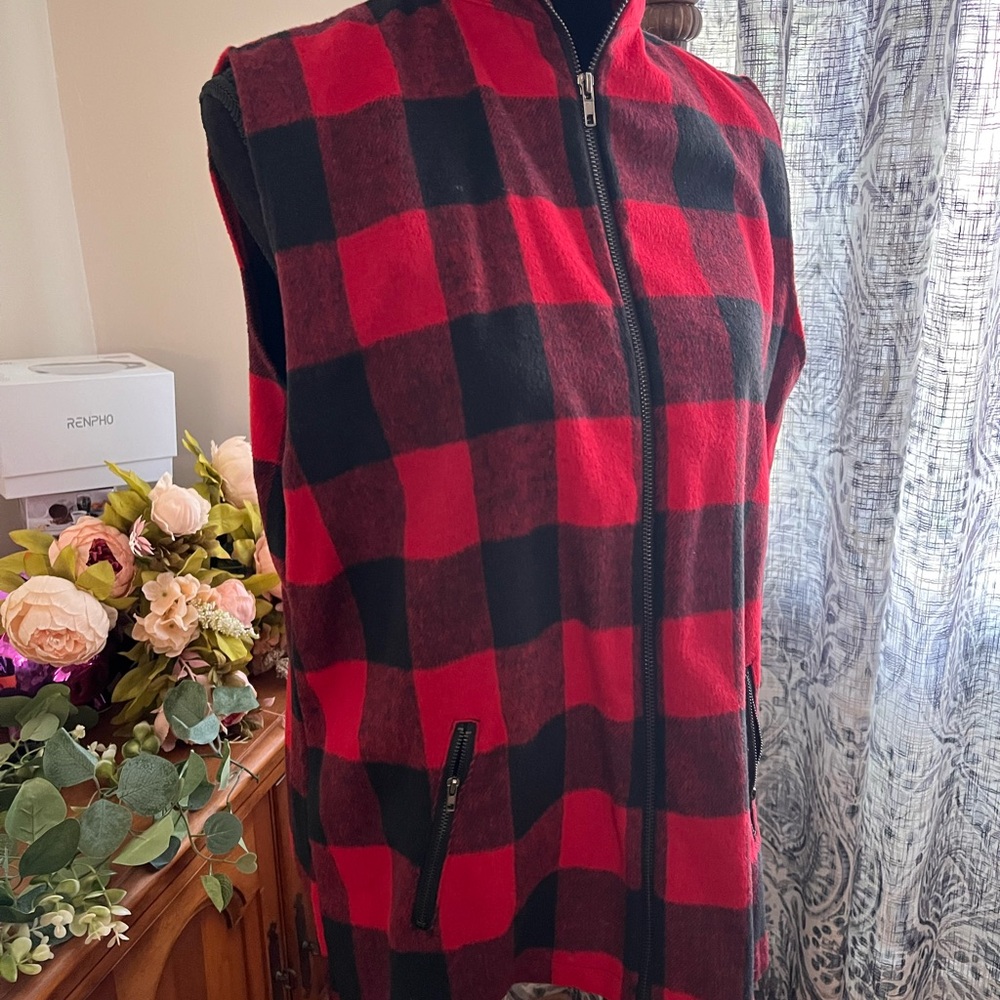 Red and Black Plaid Zip-Up Vest